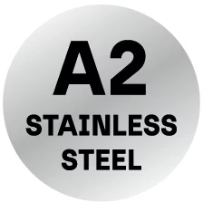 Ein graues Icon mit dem Text "A2 STAINLESS STEEL" macht die Korrosionsbeständigkeit des Dämmstoffdübels IPL 95DS deutlich