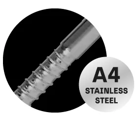 Rahmendübel MFR mit Schraube aus Edelstahl A4, Detailansicht der Schraube auf schwarzem Hintergrund mit einem grauen Icon "A4 stainless steel" für Edelstahl A4