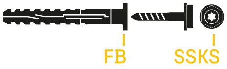 Schematische Zeichnung des Rahmendübels MFR FB SSKS, Flachbunddübel mit Sechskantschraube mit angepresster Scheibe