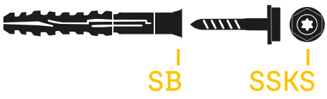 Schematische Zeichnung des Rahmendübels MFR SB SSKS, Senkbunddübel mit Sechskantschraube mit angepresster Scheibe