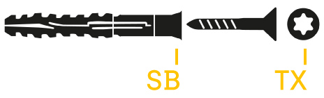 Schematische Zeichnung des Rahmendübels MFR SB TX, Senkbunddübel mit TX-Senkkopfschraube
