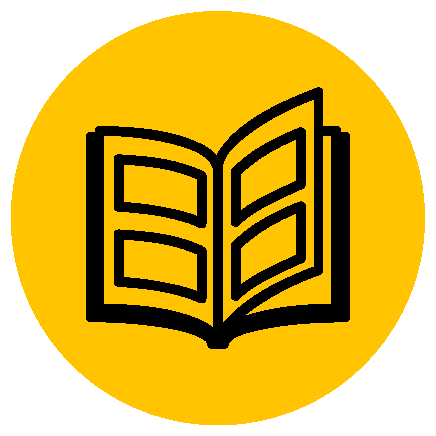 Schwarzes Icon eines geöffneten Buchs auf einem gelben Hintergrund als Hinweis auf die Möglichkeit, den Flyer für Rahmendübel MFR herunterzuladen
