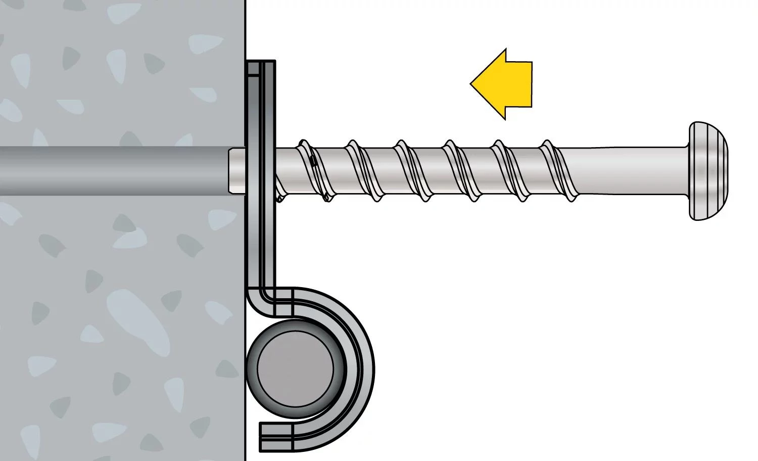 Betonschraube BTS4 - Montageschritt 2: Anbauteil Metallclip ansetzen und die Betonschraube hindruch in das Bohrloch stecken